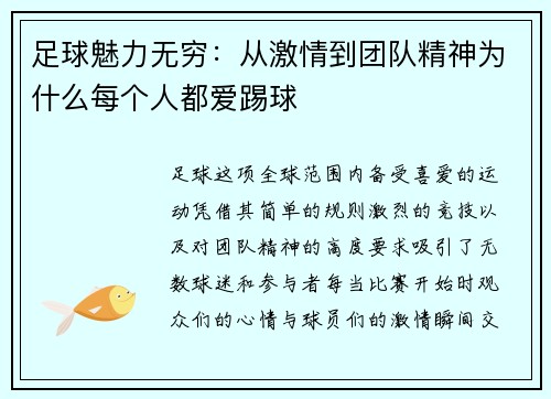 足球魅力无穷：从激情到团队精神为什么每个人都爱踢球